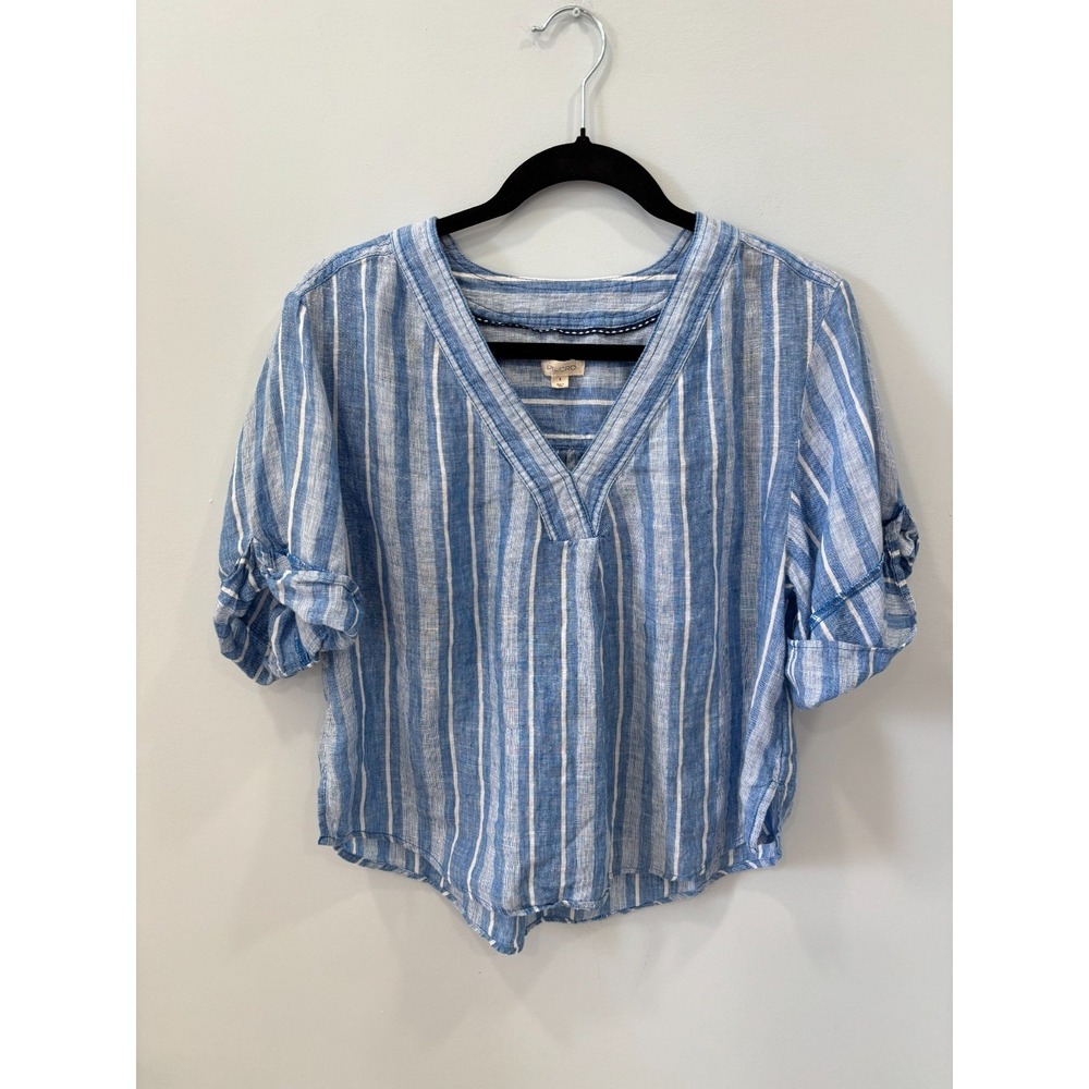 Pilcro 100% Linen Blue White Striped V-Neck Peasant Top S Anthropologie